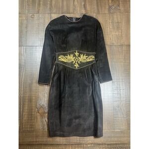 Vintage Pia Rucci Dress, Black With Gold Detailing, Leather, Size 6